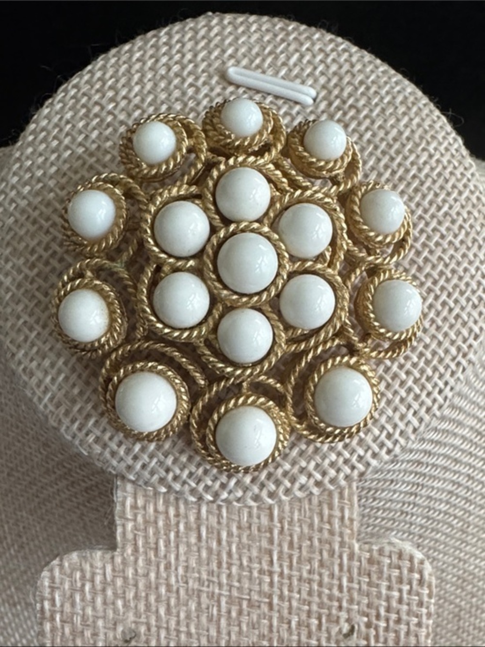 VTG  Crown Trifari Saturn Milk Glass Flower Brooch